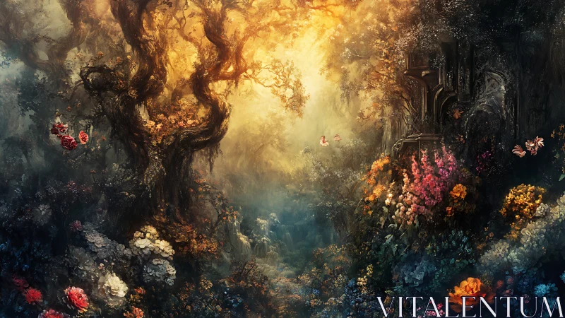 Baroque Fantasy Forest Temple Flooded with Ethereal Golden Light