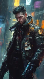 Cybernetic urban enforcer with dual pistols in neon alley.
