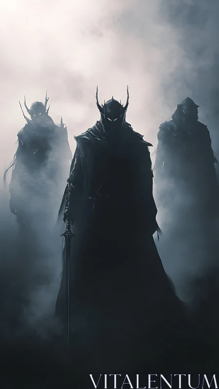 Armored dark figures stand in dense backlit fog