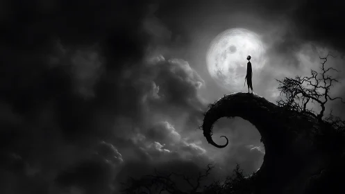 Silhouetted figure on curled hill under full moon at night.