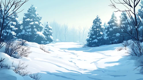 Winter Forest Landscape. Snow-Covered Valley Among Evergreen Trees.