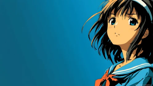 Side-profile anime schoolgirl against blue gradient field.