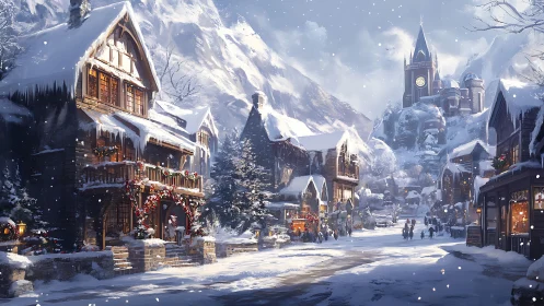 Snow-covered alpine village street in festive digital painting.
