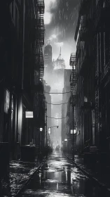 Noir city alleyway under rain with distant glowing towers.
