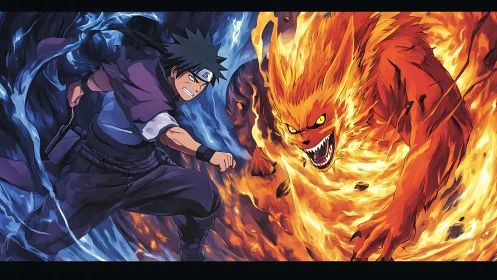 Ninja charges fiery beast amid swirling blue and orange energy