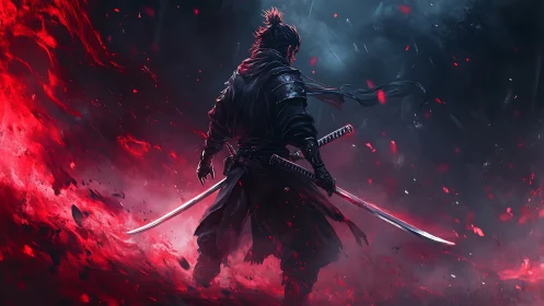 Lone samurai stands amid swirling red and blue storm.