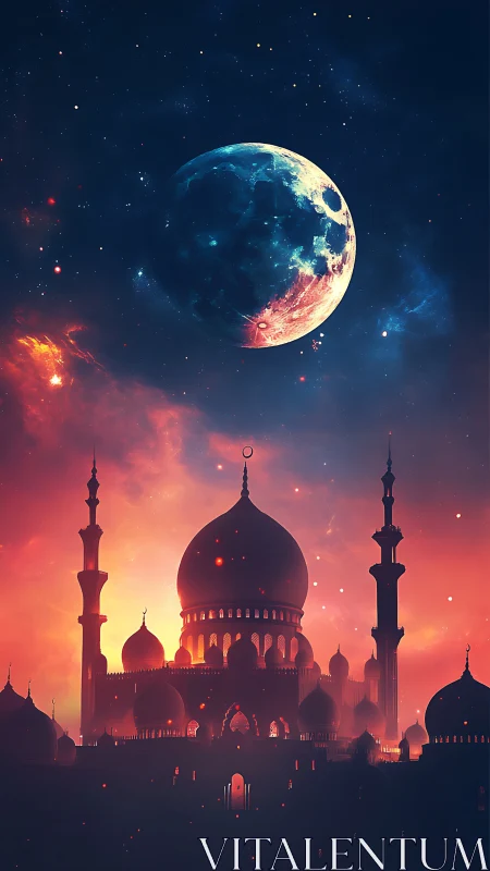 Moonlit desert citadel beneath a blazing cosmic dawn.