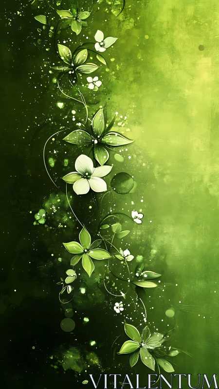 Vertical green floral vine on abstract textured background.