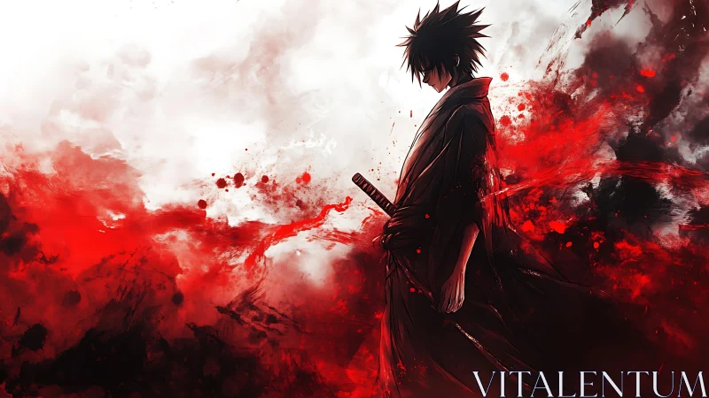 Brooding anime swordsman wreathed in feral crimson storm.