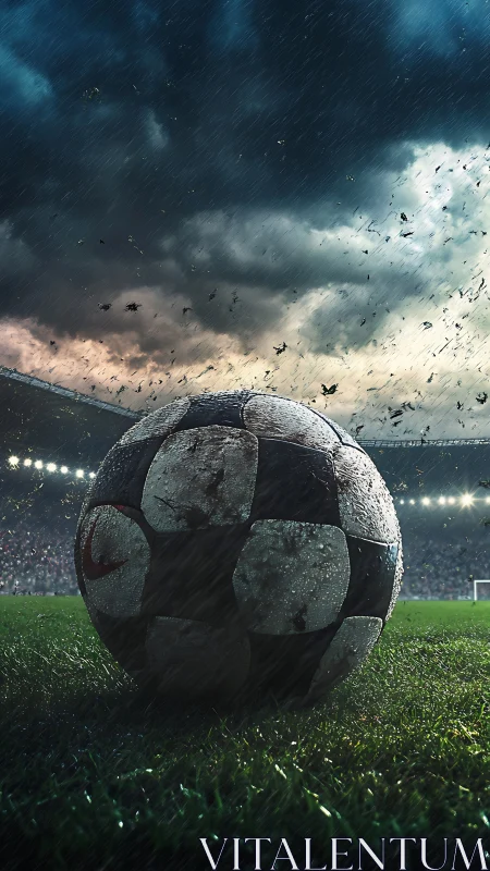 Weathered soccer ball rests on stormy drenched stadium pitch