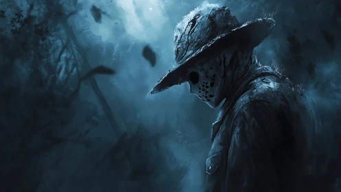 Nocturnal masked silhouette in fog-dense spectral forest.