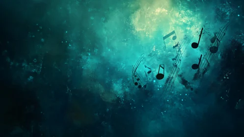 Glowing teal soundscape where musical notes drift softly.