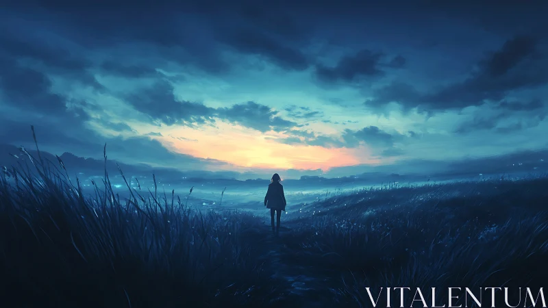 Solitary figure on twilight field under expansive sky.