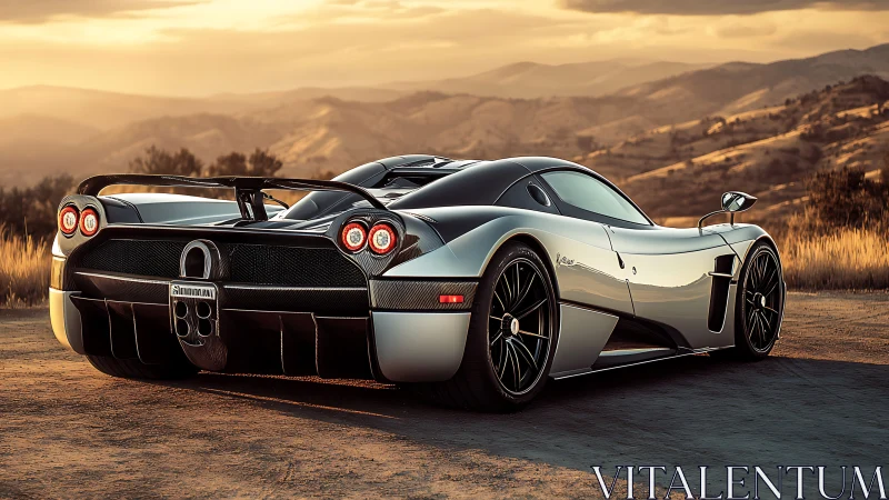 Sunlit hypercar prowls a winding mountain horizon road.