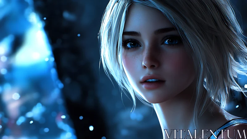 Luminescent close-up portrait in glacial blue bokeh field.