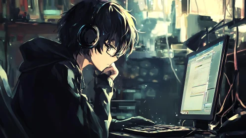 Solitary programmer in neon-lit studio rendered in anime style