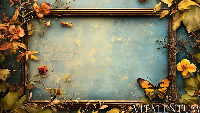 Empty blue frame surrounded by autumn foliage and butterfly