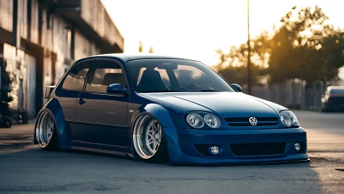 Modified blue Volkswagen hatchback on lowered suspension.
