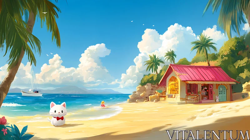 Tropical Beach Cottage Illustration with Anime Cat Character