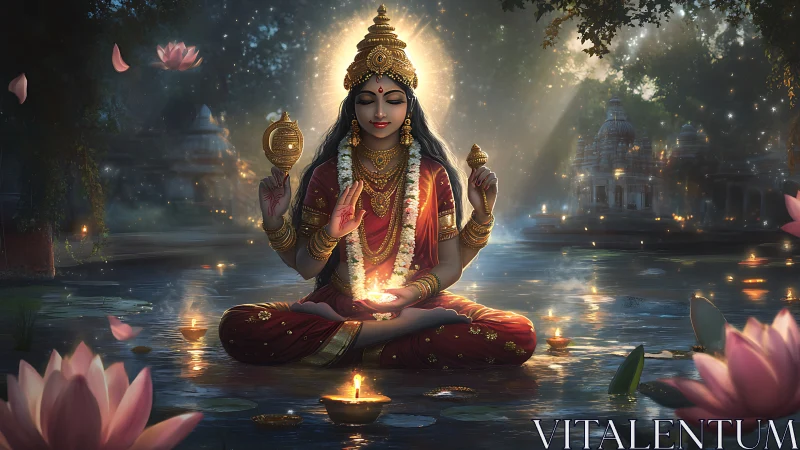 Lotus-lit goddess breathes serenity into a jeweled river night