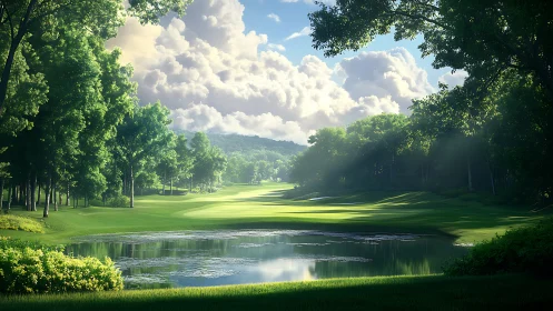 Sunlit golf fairway and pond in dense forest setting.