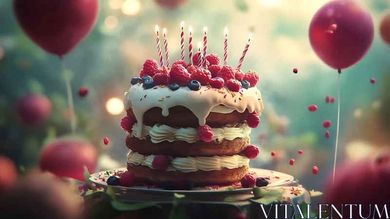 Layered Birthday Cake with Raspberries and Lit Candles.