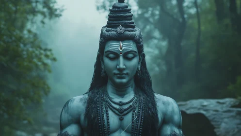 Digital blue-toned humanoid figure is centered in forest scene