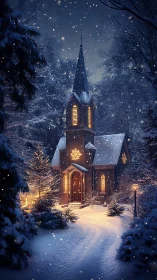 Snowy night church with warm lights in winter forest.