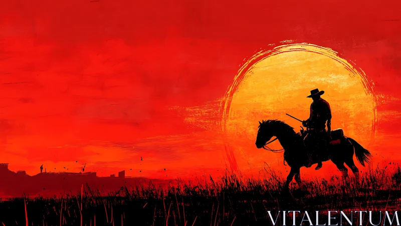 Lone rider quietly crosses a fiery western sunset sky