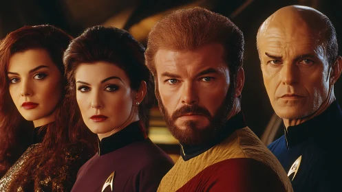 Confident starship crew sharing a bold, united gaze.