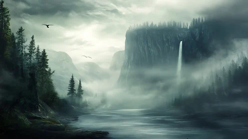 Misty canyon river with towering cliffs and lone waterfall.