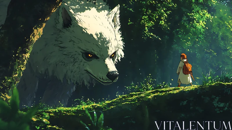Giant white wolf confronting lone traveler in forest clearing.