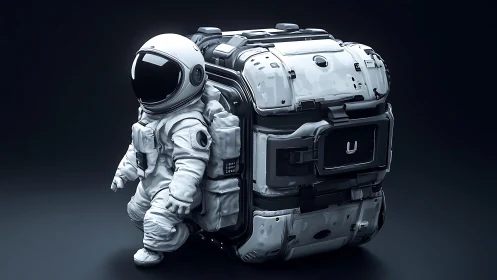 Tiny astronaut explores a sleek modular sci-fi cargo unit