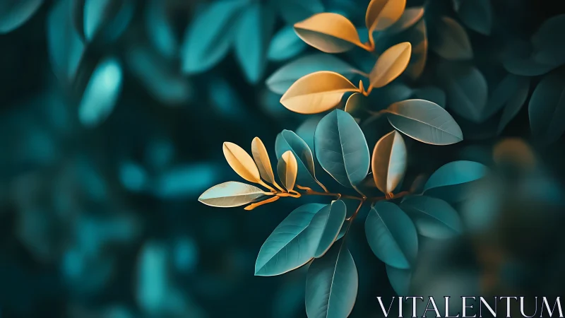 Bokeh-isolated teal foliage with warm-toned emerging leaves