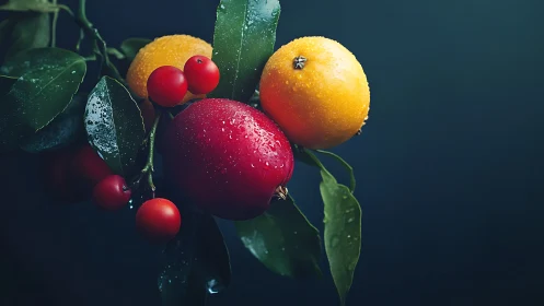Dew-covered citrus and red berries hang against dark background