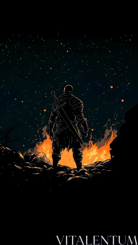 Armored figure stands before fire under starless night sky