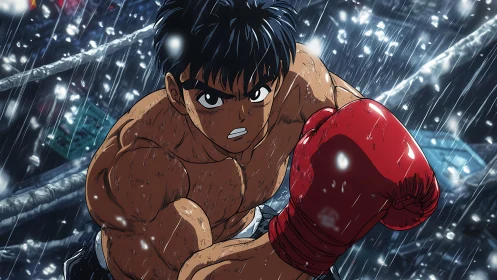 Champion's Downpour: Rain-Soaked Fighter Commands the Neon Night