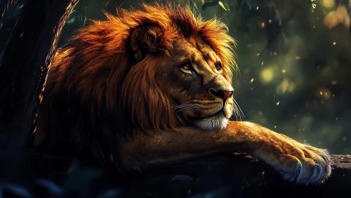 Cinematic lion portrait in volumetric jungle rim lighting.