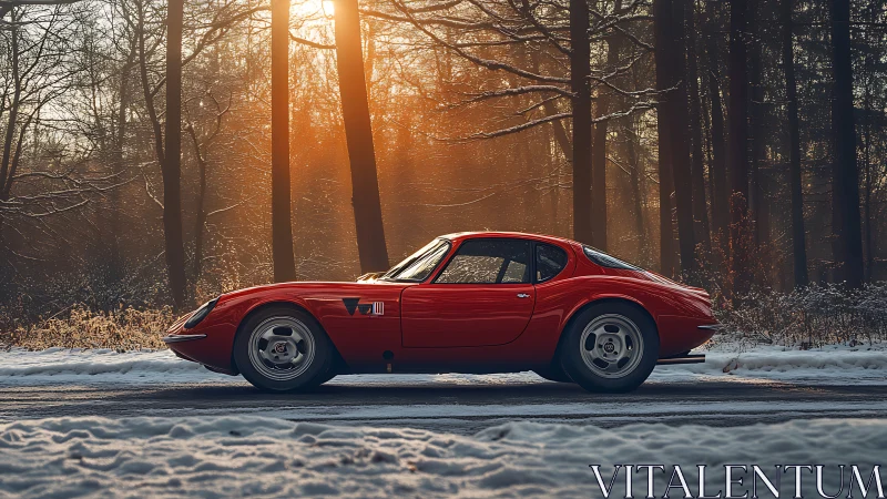 Red classic sports car glows against a frosty winter forest
