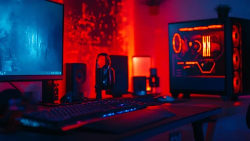 RGB gaming PC workstation glows under neon red light.