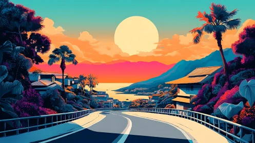 Coastal highway curves toward retro tropical neon sunset