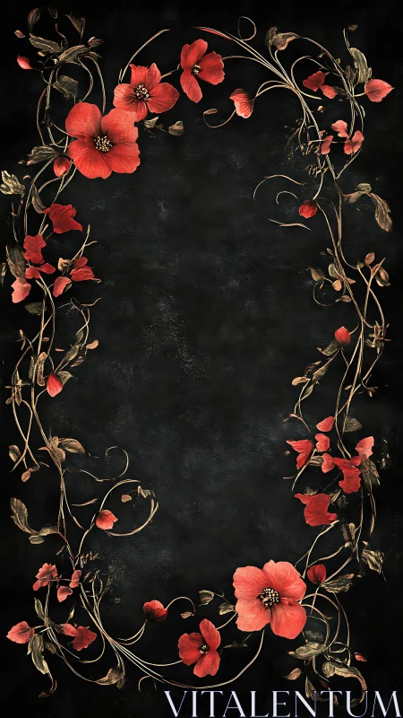 Botanical frame composition with red flowers and golden foliage