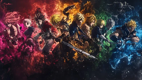 Elemental anime warriors charging through prismatic energy.