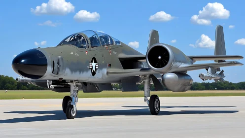 Sleek military jet resting confidently on a sunny runway.
