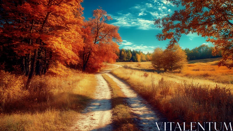 High-saturation autumn landscape with curving dirt road perspective