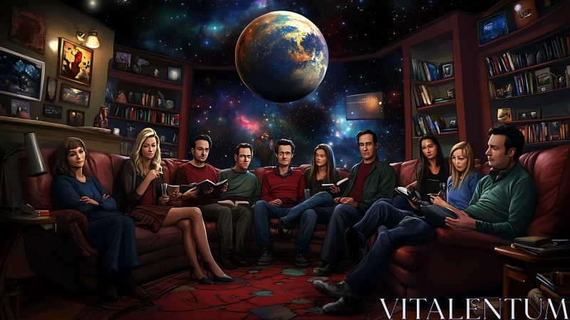 Stargazing book club gathers under a cosmic living room sky