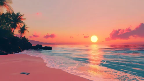 Tropical shoreline at sunset with pink sky and calm sea.