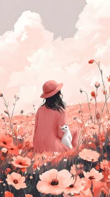 Back-view girl and white cat in monochrome coral flower field