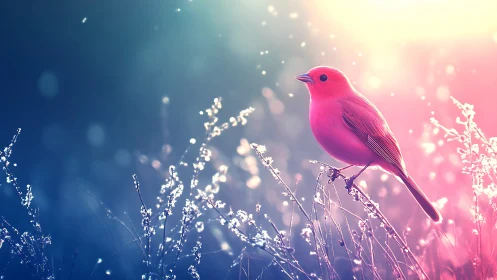 Vibrant pink songbird on glowing grass in dreamy pastel light.