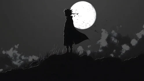 Lone anime warrior stands beneath a full moon in silence.